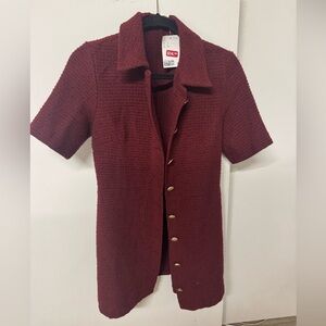 Burgundy Short Sleeve Dress with Gold Buttons